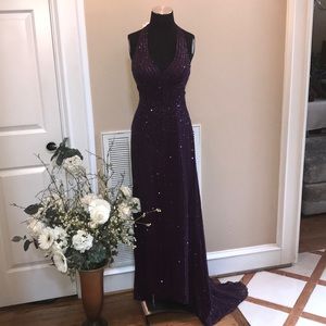 Women’s merlot silk beaded formal gown
